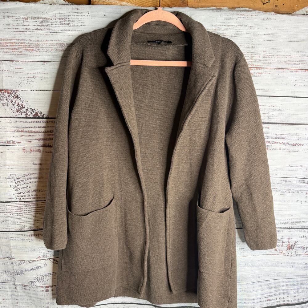 Quince Organic Cotton Sweater Blazer Small Brown Taupe Open Front Long Cardigan